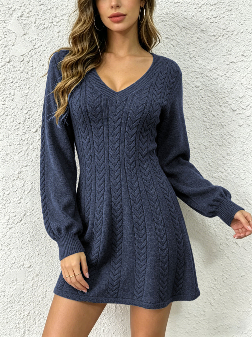 Sexy V-Neck Cable Knit Sweater Dress Short Women N6G280