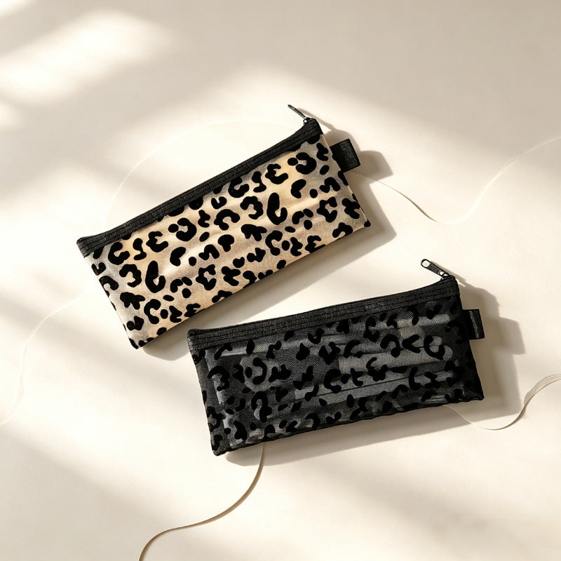 Leopard Flocked Nylon Mesh Pencil Pouch N6J262