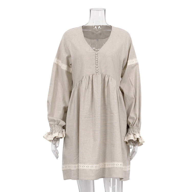French V neck Lantern Sleeve Linen Blend Dress Women N6C208