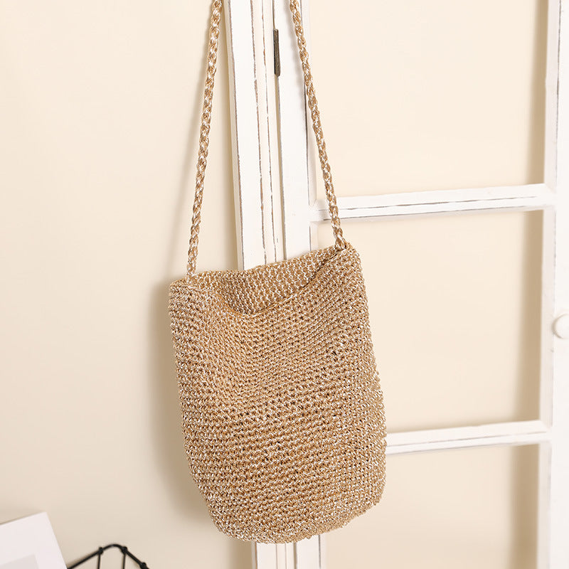 Woven Straw Look Crossbody Bucket Bag Beach N6E054