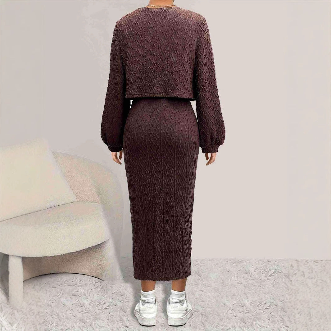 Cable Knit Slip Dress Set Women Fleece Lined Two Piece N5A082
