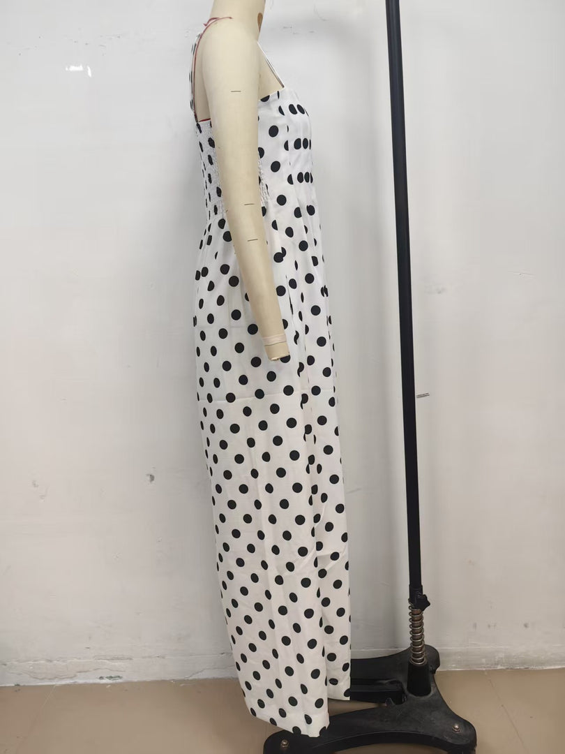 Polka Dot Pleated Midi Dress Sweet Spaghetti Strap N6F030