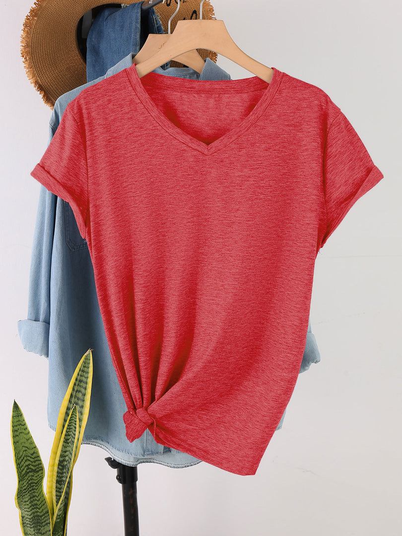 Minimalist Solid Color V-Neck T-Shirt Women N6E140