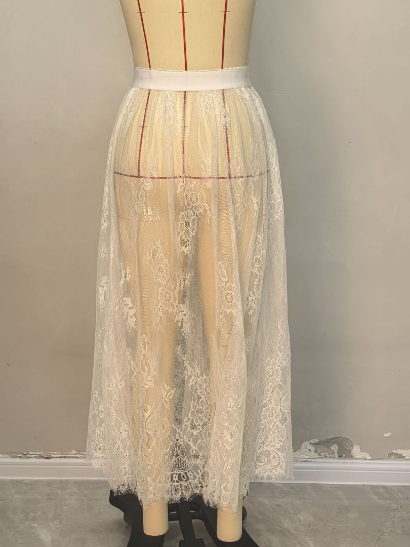 Dark Gothic Lace Sheer Maxi Skirt Women N6F242