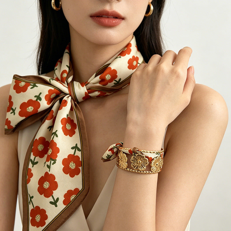 Vintage Floral Scarf 18K Ti Steel Hollow Bangle N6F279
