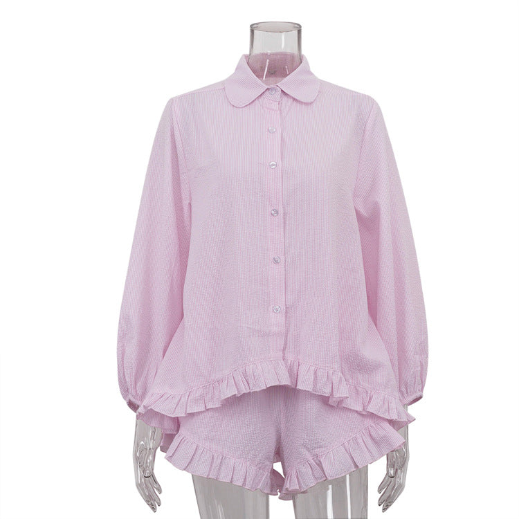 Striped Puff Sleeve Lapel Shirt and Shorts Set Women N6C188