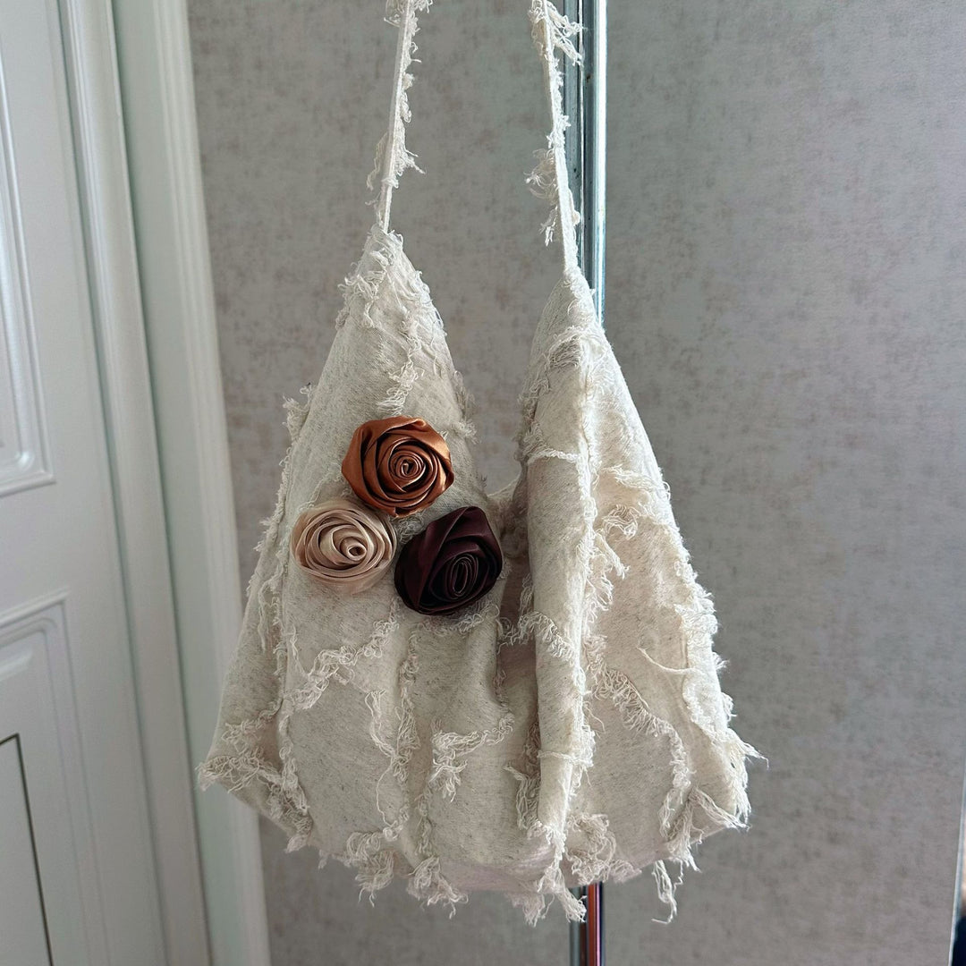 Linen Jacquard Crossbody Bag Rose Ruffle Tassel N6F101