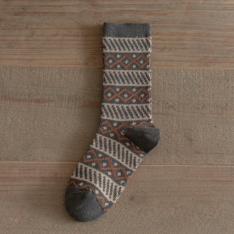 Vintage Ethnic Double Needle Thick Mid-Calf Socks N6H034