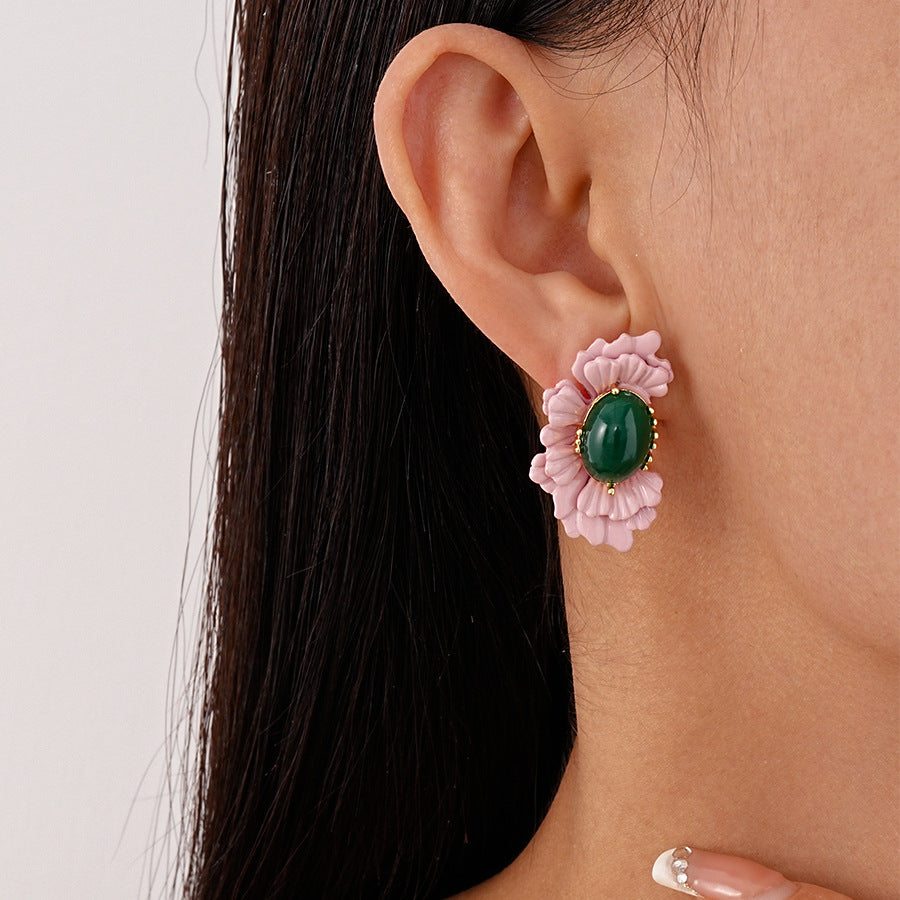 Oval Glass Bead Earrings Floral Motif S5P108