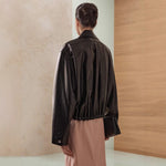 Load image into Gallery viewer, PU Notch Drawstring Crop Coat Mid Weight Black N5Z601