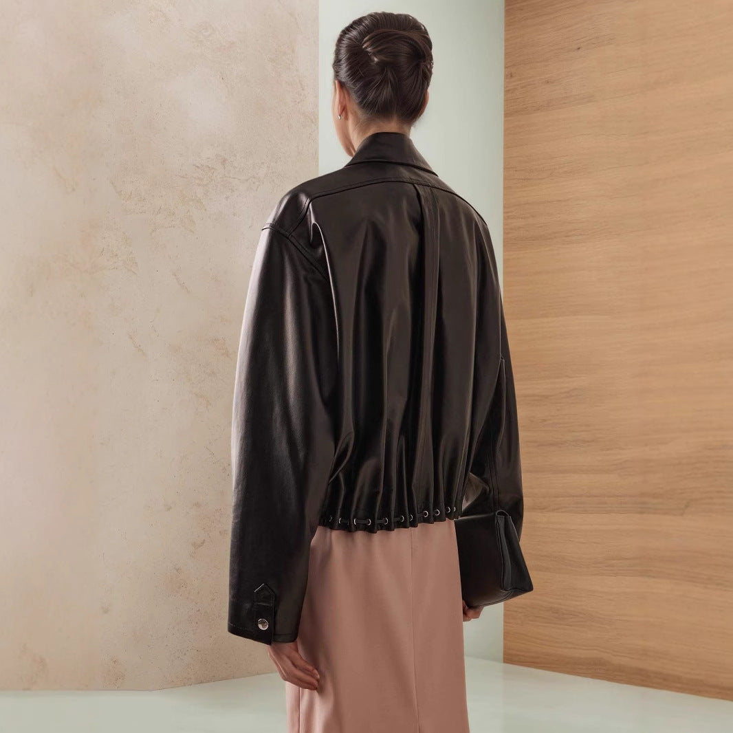 PU Notch Drawstring Crop Coat Mid Weight Black N5Z601