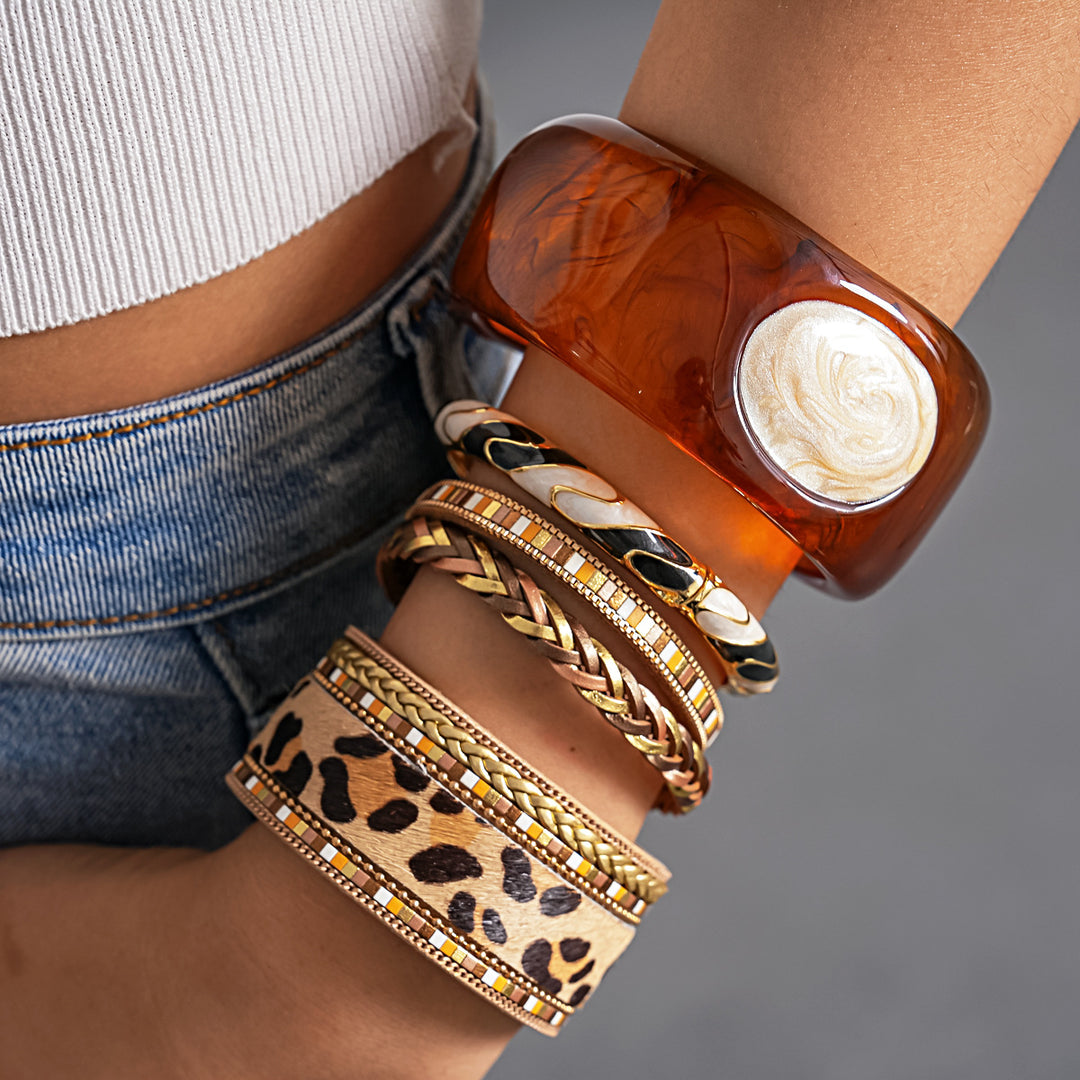 Vintage Leather Leopard Braided Magnetic Clasp Bangle N6H088