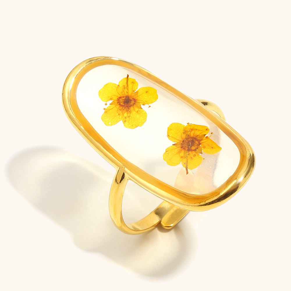 Real Flower Steel Ring Gold Plated Adjustable S5P002