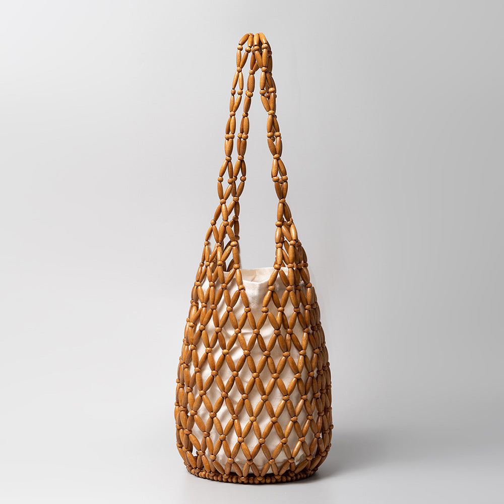 Hand-Woven Wood Bead Cylinder Bucket Bag Drawstring S5P383