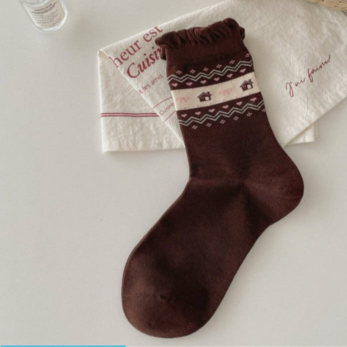 Combed Cotton Mid-Calf Socks Heart Pattern M5A018