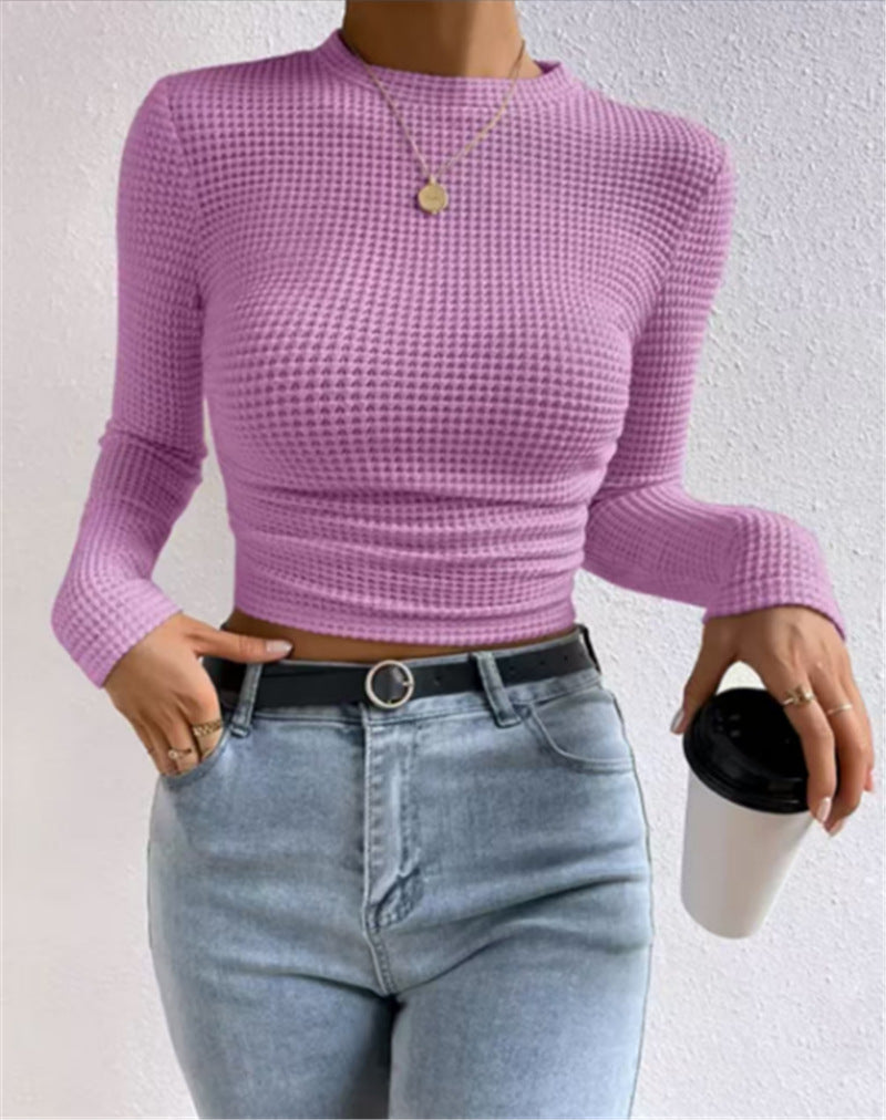 Fitted Checkered Long Sleeve Ruffle T-shirt Women N6C323