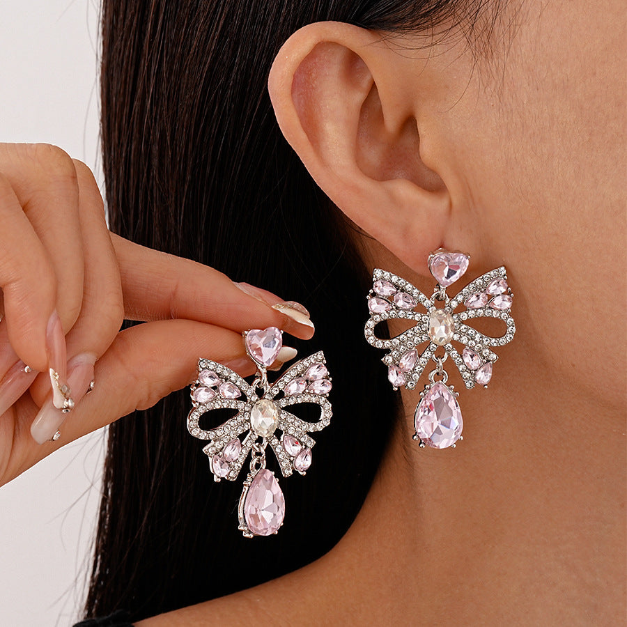 Bow Teardrop Earrings Alloy Prong-Set Crystals Silver S5P131