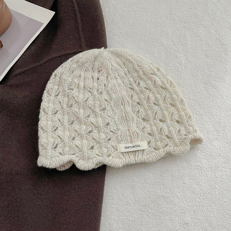 100% Wool Crochet Lace Hollow Knit Beanie Women N6H219