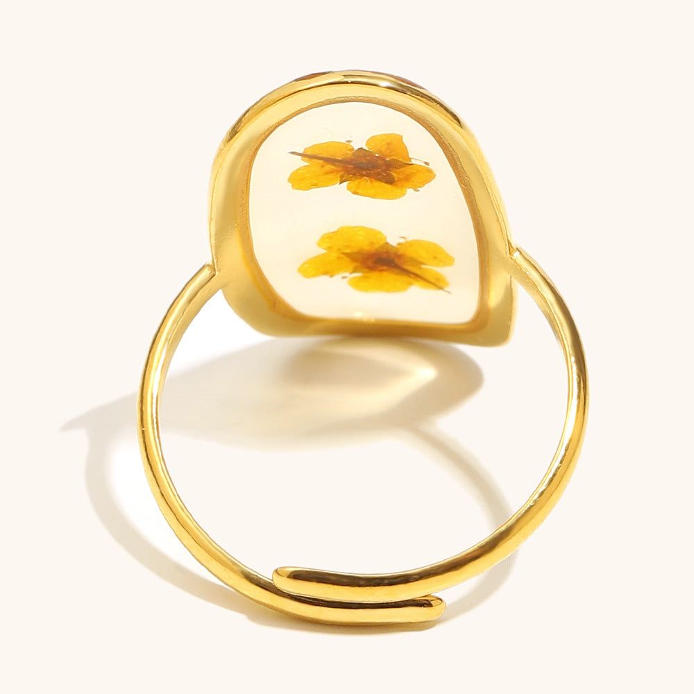 Real Flower Steel Ring Gold Plated Adjustable S5P002
