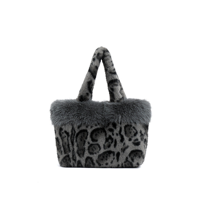 Women's Plush Leopard Print Bucket Handbag N6J174