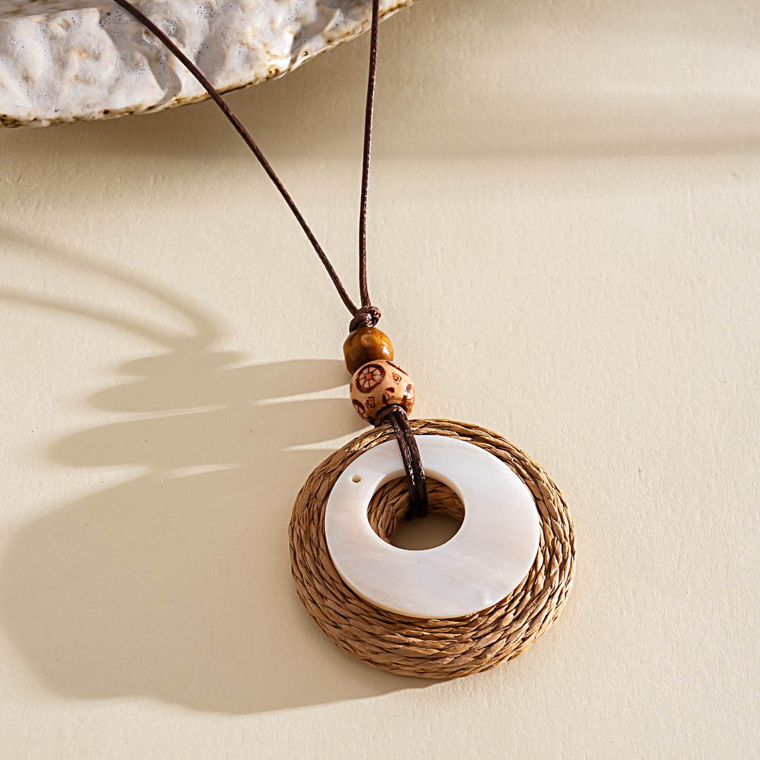 Leather Cord Wood Resin Raffia Drop Pendant Necklace N6H139