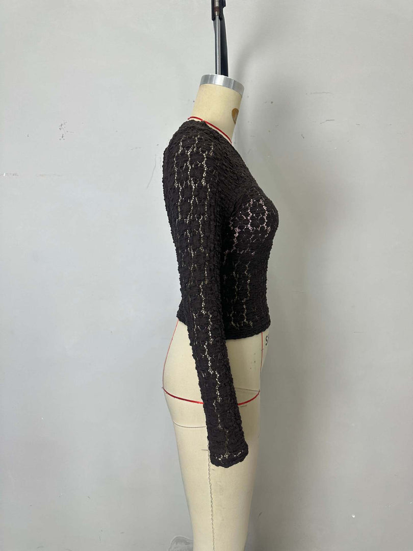 Brown Lace Long Sleeve Slim Fit Top N6F224