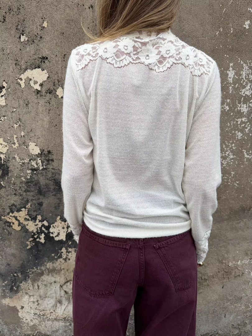 Mock Neck Lace Crochet Long Sleeve Tee Women N6G273