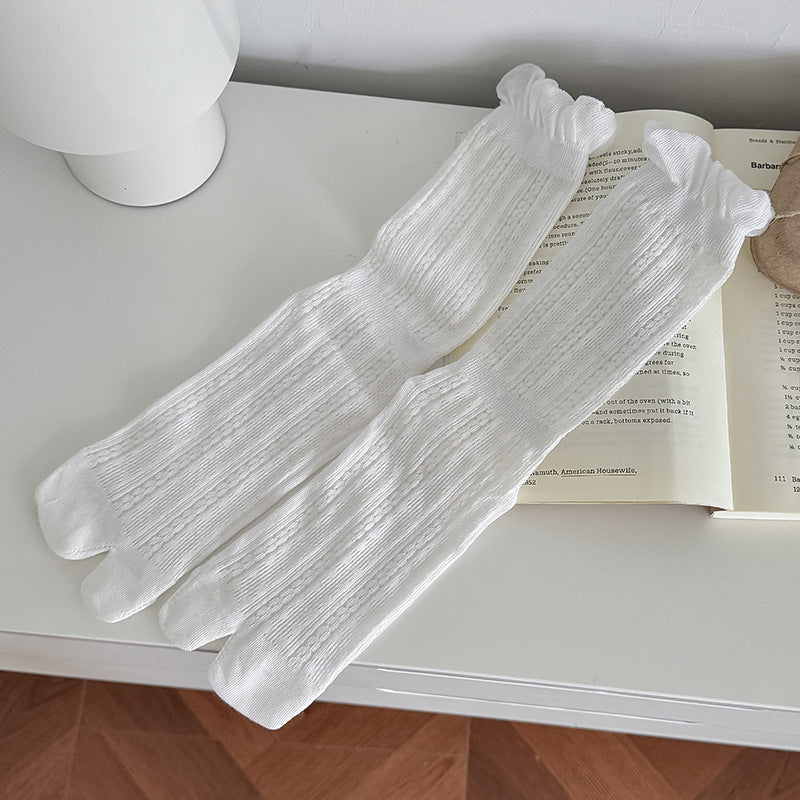 Lace Trim Hollow Mesh Mid-Calf Split Toe Stack Socks N6H025