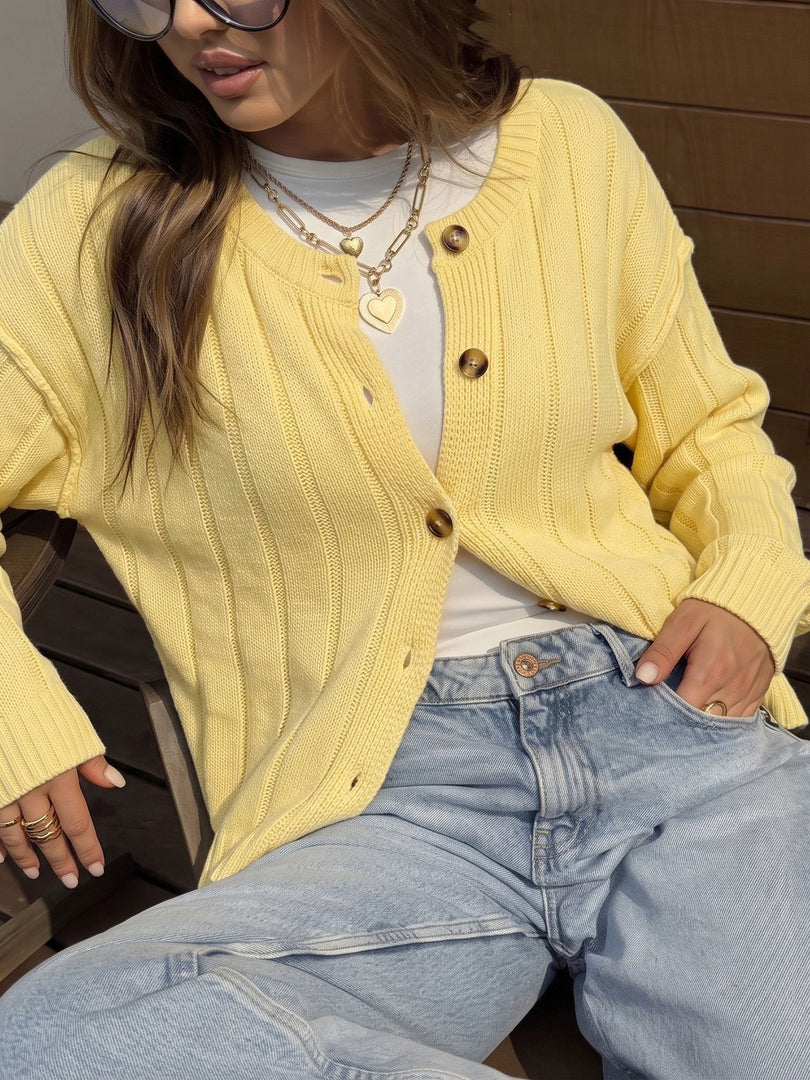 Fresh Solid Ribbed Button Cardigan Sweater Women N6H299