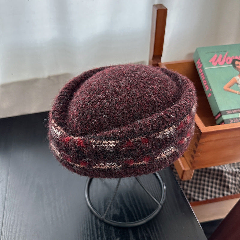 Fair Isle Jacquard Pillbox Hat Knit Cap Women N6G211
