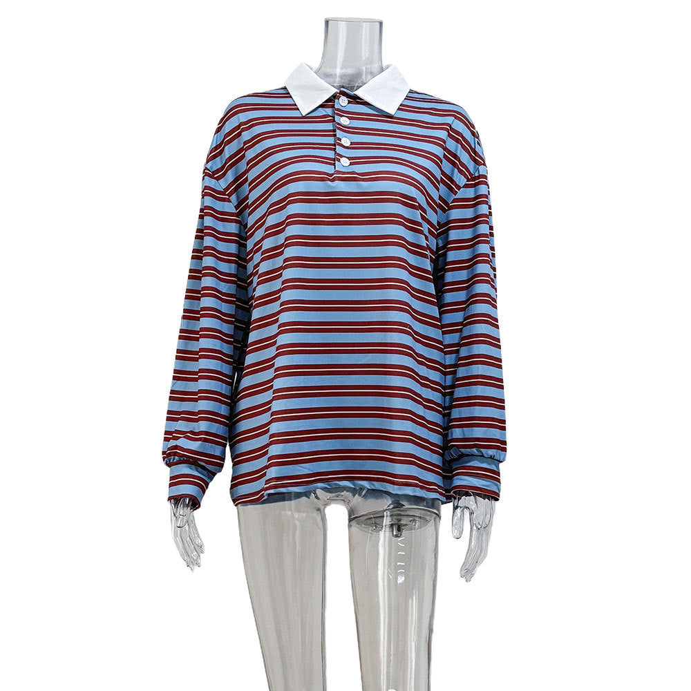 V Neck Contrast Striped Long Sleeve T-Shirt N6A128