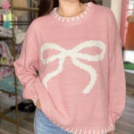 Load image into Gallery viewer, Bow Crew Sweater Mid Weight White Pink Navy N5Z876
