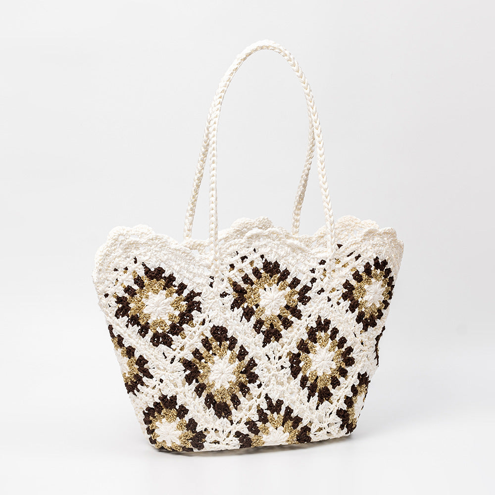 Hand Crochet Color Block Mesh Tote Beach Bag Women N6C302