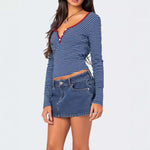 Load image into Gallery viewer, StripedButton Knit T-Shirt MidLight Blue N5A160
