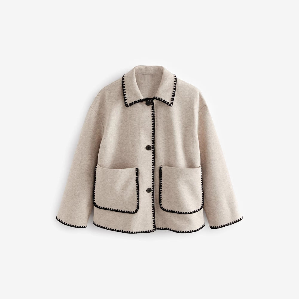Contrast Binding Notch Crop Coat Dual Pocket  Apricot N5Z621