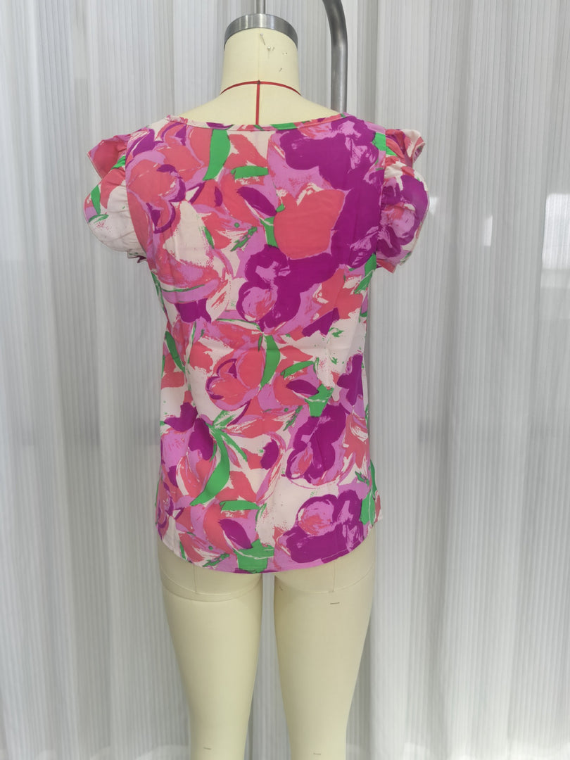 Floral Square Neck Ruffle Cap Sleeve Top Women N6F244