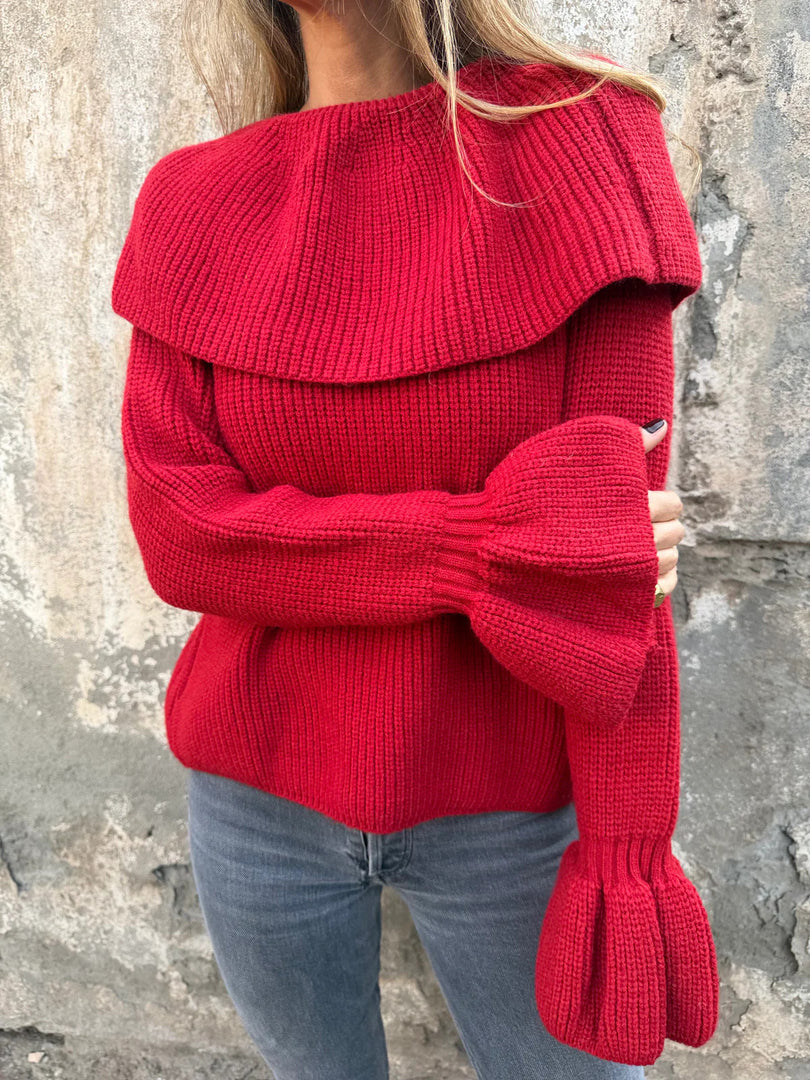 Off-Shoulder Knit Long Sleeve Sweater Flared Sleeve N6G297