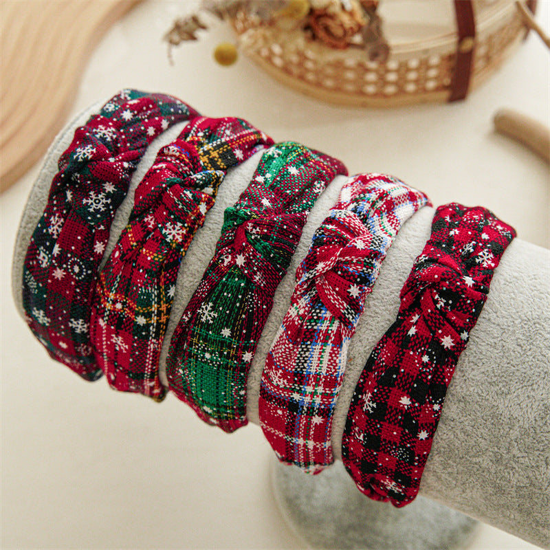 Womens Christmas Plaid Snowflake Knot Headband N6K124