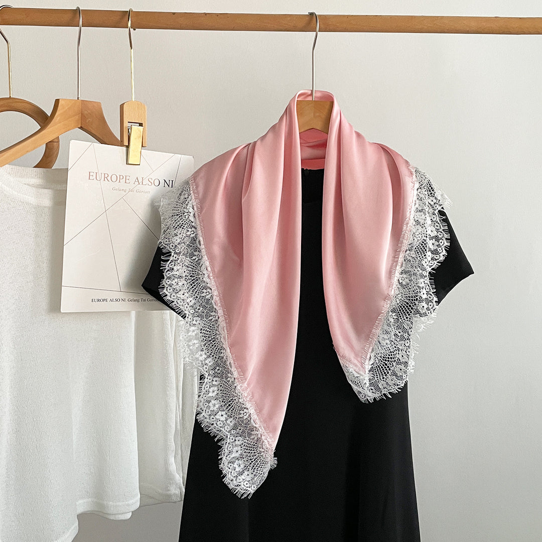 Satin Sun Protection Lace Trim Square Scarf Women N6H120