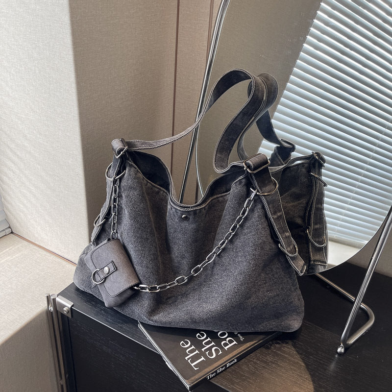 Women's Washed Denim Chain Strap Tote Bag N6J200