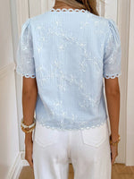 Load image into Gallery viewer, Lace Trim V Neck Short Sleeve Chiffon Blouse Women N6C104