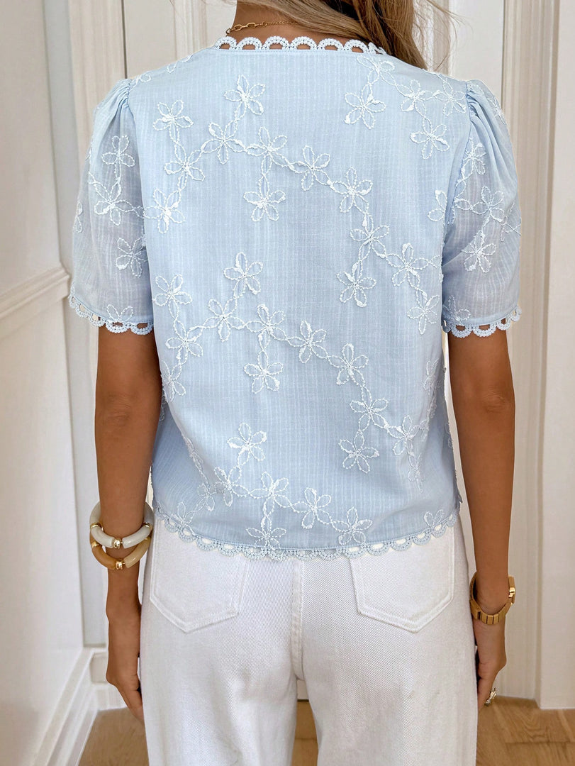 Lace Trim V Neck Short Sleeve Chiffon Blouse Women N6C104