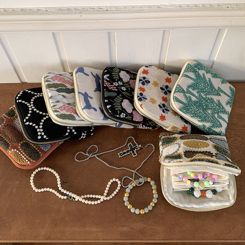Embroidered Floral Linen Cotton Pouch Organizer S5P974