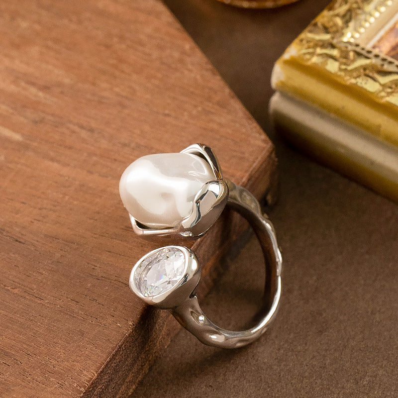 Lava-Texture Pearl Zircon Adjustable Open Ring Women N6H207