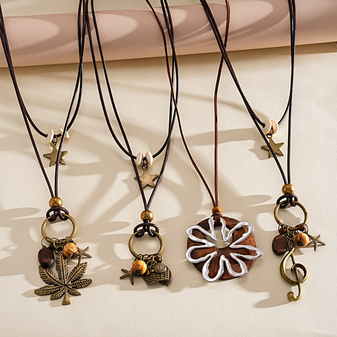 Leather Cord Wood Bead Star Leaf Sweater Chain N6H138