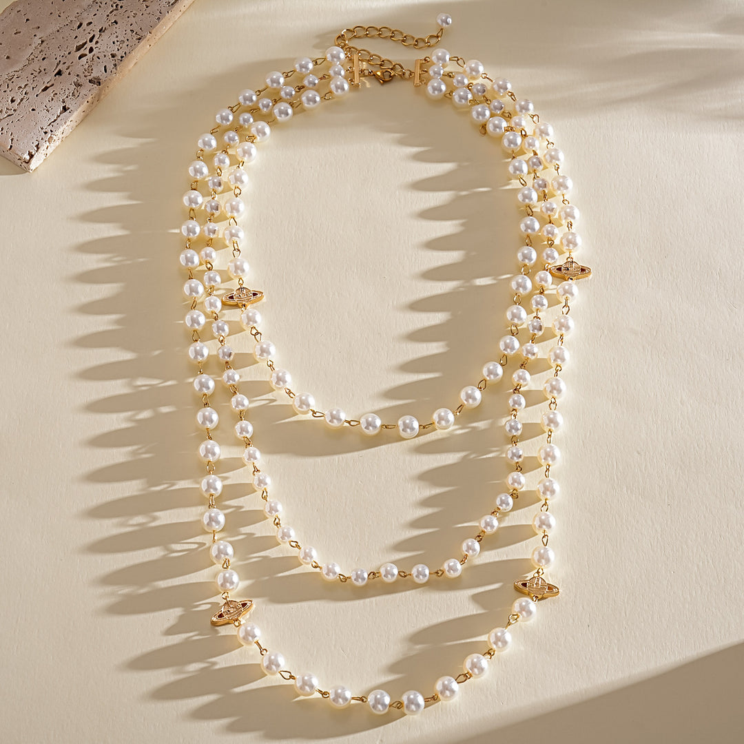 Vintage Multi-Layer Pearl Saturn Necklace Women N6H145
