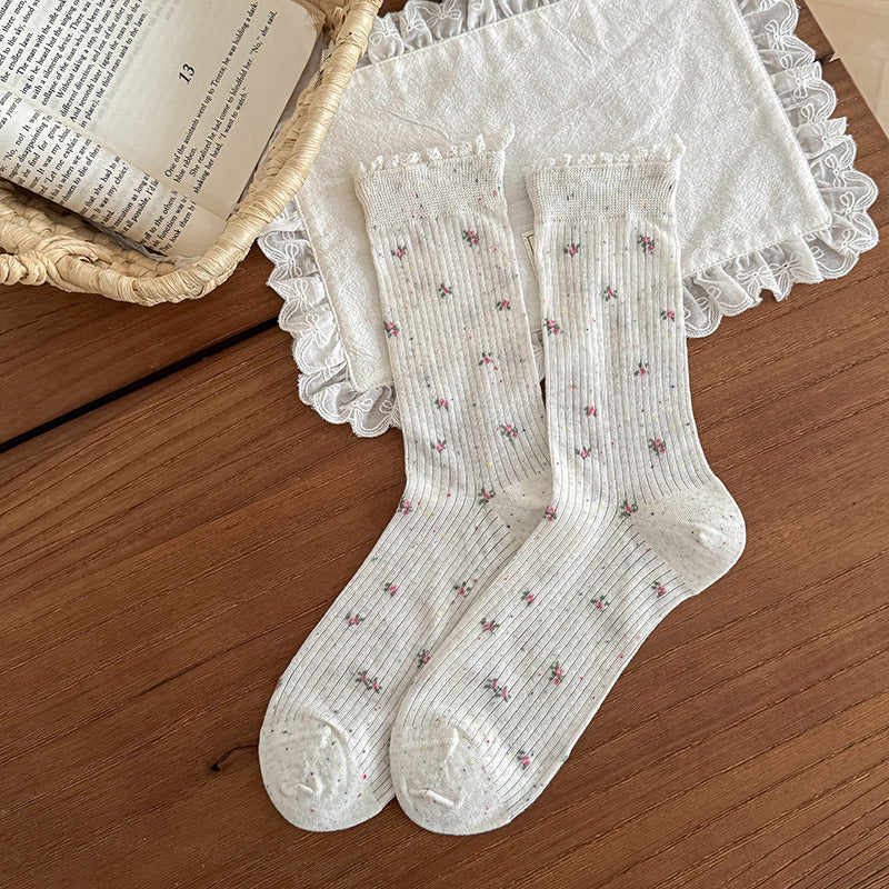 Sweet Floral Lace Trim Mid-Calf Socks Women Cotton N6H027