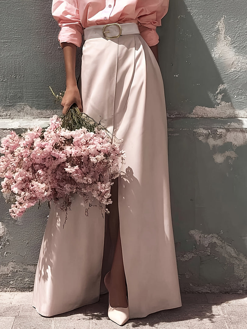 Pink High Slit Shirt and Skirt Set Women N6C183