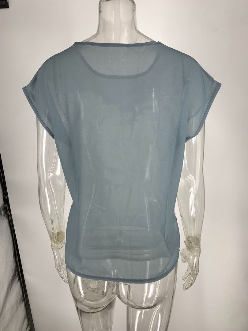 Gray Floral Print Chiffon Short Sleeve T-Shirt Women N6F247
