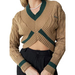 Load image into Gallery viewer, Crop V Sweater Lightweight Khaki Navy White N5Z916
